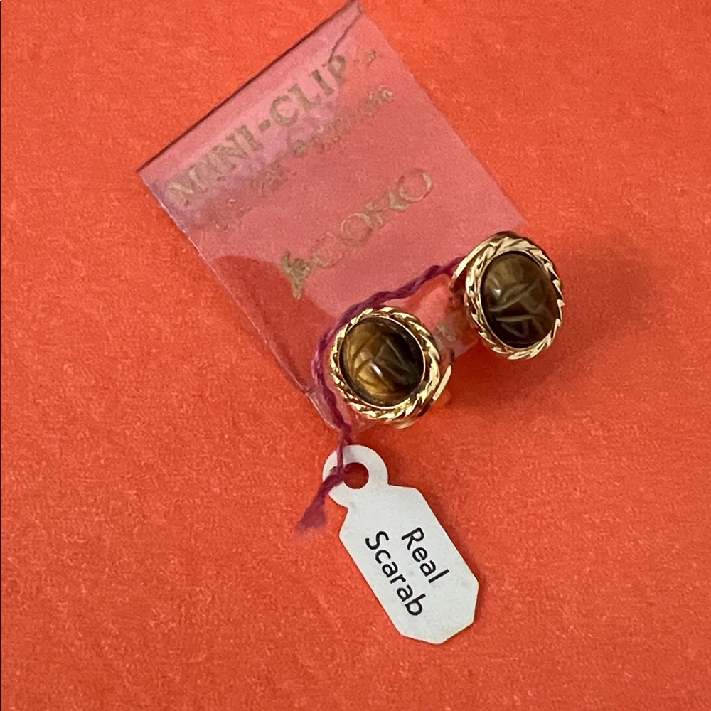 Coro Gold and Brown Real Scarab Clip On Earrings